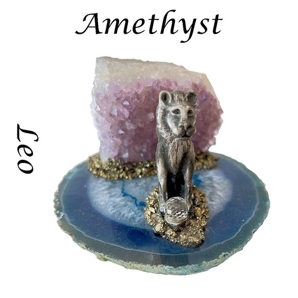 Zodiac Other - Leo Zodiac Figurine With Amethyst On a Blue Agate Base